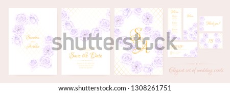 Wedding Invite, Thank You Cards, Border of Vintage Roses. Floral Frame, Decorative Elements. Vector Vintage Flowers in Watercolor Style. Save the Date Collection, Greeting Card, Menu, Rsvp, Thank You.