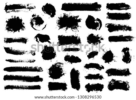 Brush strokes. Vector paintbrush set. Paint splats blotches. Round grunge design elements. Long text boxes. Circle dirty texture banners. Ink splatters. Textured painted objects. Blots with drops