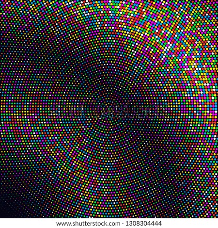 Bright blue disco lights halftone circle frame on black background. Vector illustration.