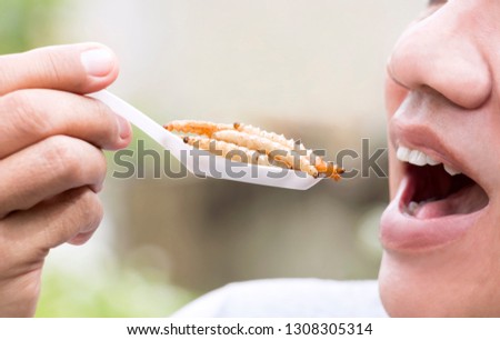 Food Insects: Man eating bamboo worm insect on spoon. Bamboo Caterpillar is good source of protein edible and delicious for future. Entomophagy concept.