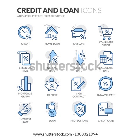 Simple Set of Credit and Loan Related Vector Line Icons. Contains such Icons as Rate Calculator, Credit Card, Deposit and more. Editable Stroke. 64x64 Pixel Perfect. Royalty-Free Stock Photo #1308321994
