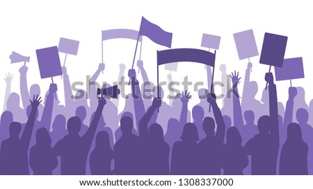 Activists protest. Political riot sign banners, people holding protests placards and manifestation banner. Jobs activist strike, vegetarians meeting or feminist demonstration vector illustration Royalty-Free Stock Photo #1308337000