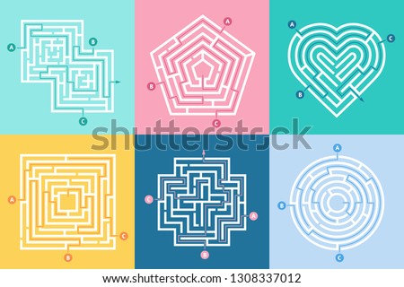 Maze entrance. Find right way, kids labyrinth game and choice mazes entrances letters. Lost way entrance rebus, maze destination paths riddle vector illustration set Royalty-Free Stock Photo #1308337012