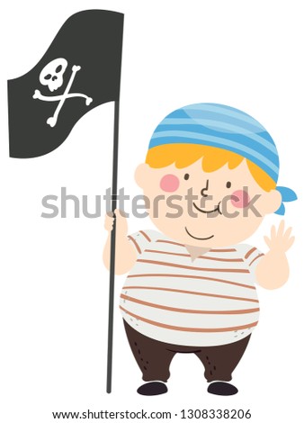 Illustration of a Fat Kid Boy Waving His Hand, Wearing Pirate Costume and Holding a Flag