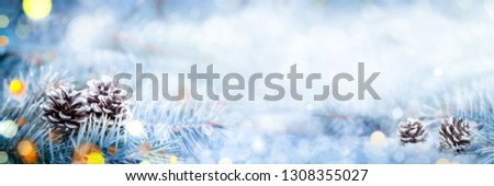 Christmas Decoration Banner - Snowy Pine Cones On Spruce Branch With Lights	