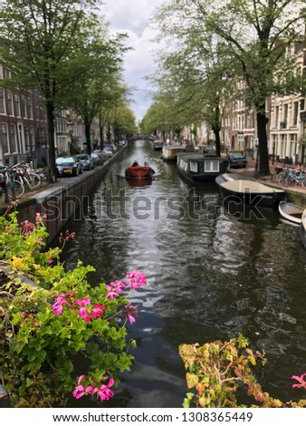 Picture showing one of the Amsterdam canals. An old wooden boat flows along the canal. There are streets on the sides, cars and bikes parked on them. In the front beautiful pink and yellow flowers