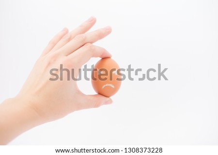 Egg with a frustrated face isolated on white .hand with egg