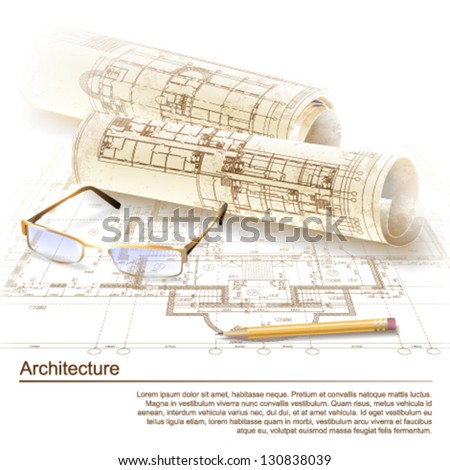 Grunge architectural background with rolls of drawings for your business site. Vector clip-art