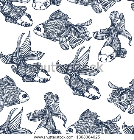 goldfish seamless pattern vector drawing, hand drawing
