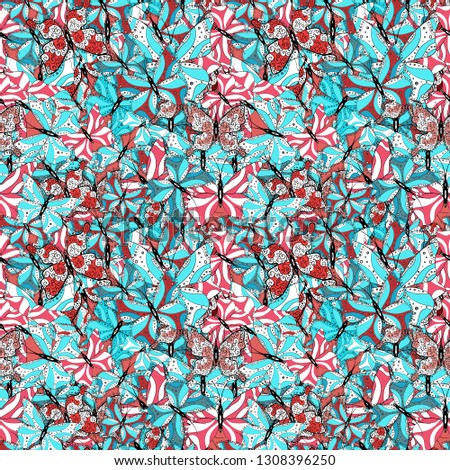 Background for textile, fabric, print and invitation. Illustration in white, blue and black colors. Seamless pattern with butterflies. Vector.