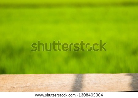 Empty wood table top on blur rice fileds background/selective focus for montage product display - image