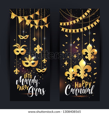 Mardi Gras gold vertical banners set with a mask and fleur-de-lis, isolated on black background. Vector illustration.
