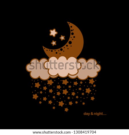 Day & night poster with moon, clouds and stars on black background. Beautiful illustration for your design project.