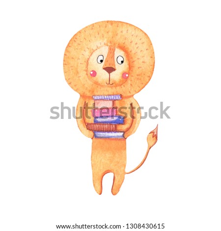 Lion went to school with a stack of books. Character on the subject of school, lessons, classes, knowledge
