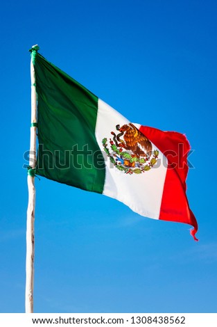 Mexican national flag of Mexico flapping in the wind against a beautiful blue sky in the caribbean on the coast of the Riviera Maya in South America