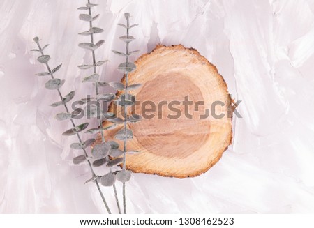 Styled stock photo background for Social Media, Branding and Blog. Flat lay image with gray cement background, eucalyptus and wood