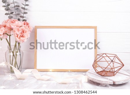 Horizontal frame with white paper mockup. Styled stock photo for Social Media, Branding and Blog. Flat lay image with white wood and flowers