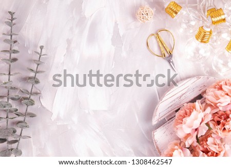 Styled stock photo background for Social Media, Branding and Blog. Flat lay image with gray cement background, eucalyptus and flowers             