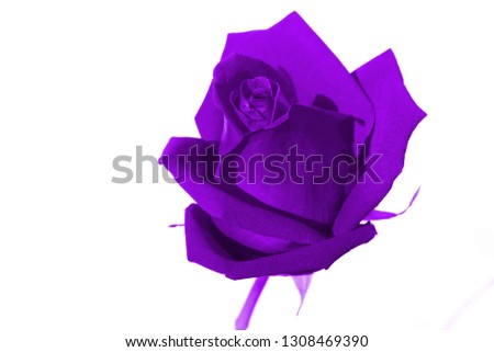 digitally enhanced purple rose on white background with copy space