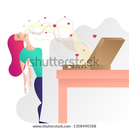 Valentine/Love Food Concept. Vector illustration of a girl and pizza box. Girl smelling pizza. Foodie Vector.
