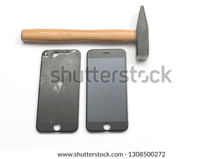 Hammer, broken screen and new phone screen on white background