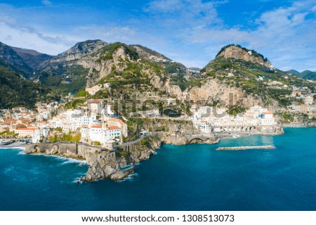 aerial view of seascape with mountains on Amalfi coast in Italy
