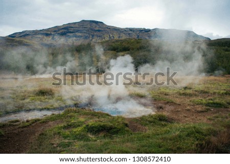 The geothermal field in Haukadalur in Iceland. Neovolcanic zone with geysers and other geothermal features, popular attraction of Icelandic Golden Circle route.