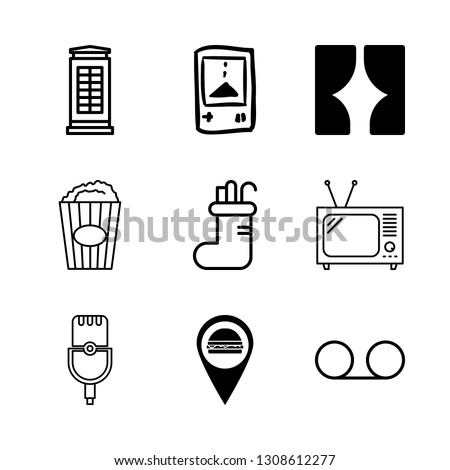 classic icons set with burger marker, curtain and games machine vector set