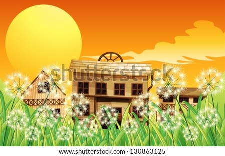 Illustration of the wooden houses at the top of the hills