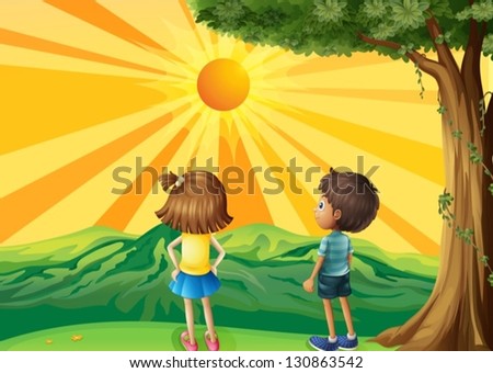 Illustration of the two kids watching the sunset