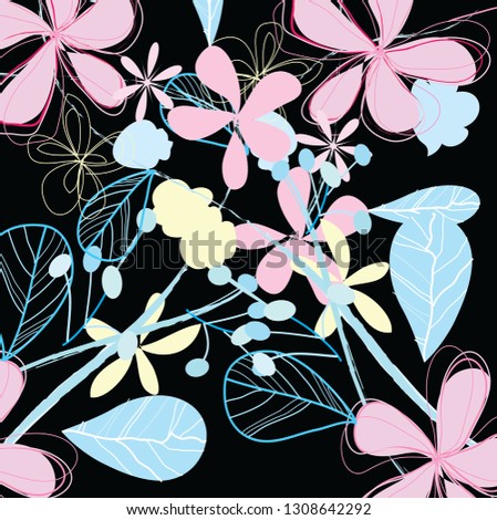 floral background. colouful cute flowers and leaves doodles drawing on black background. cute flowers seamless pattern on black background