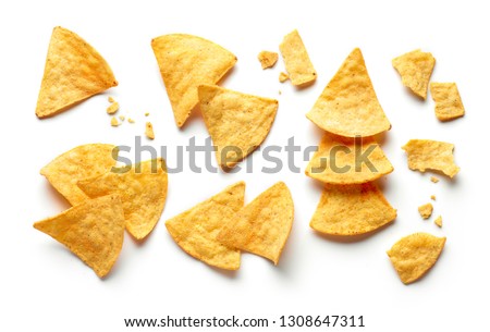 corn chips nachos isolated on white background, top view Royalty-Free Stock Photo #1308647311