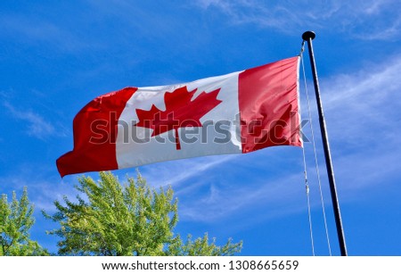 Flag of Canada waving in blue skies