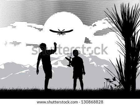 Boys playing toy airplane in field at sunrise, vector