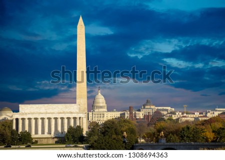 Washington DC skyline including Lincoln Memorial, Washington Monument, and The United States Capitol building
