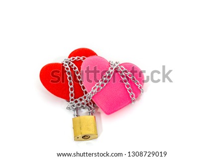 Red  and pink heart locked with chain isolated white background. Love concept.