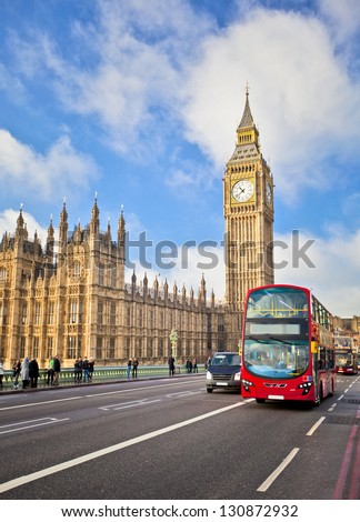 Houses of Parliament and Westminster bridge in London Royalty-Free Stock Photo #130872932