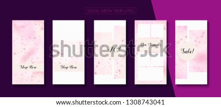 Valentines Day Spring Sale Vector Stories Layout. Pink Cherry Flowers Flying Confetti.    