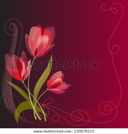 Vector clip art  illustrator greeting card showing bunch of red and pink tulip flowers united with dotted bow, ribbon scrolls and locks. Against black purple background. EPS 10
