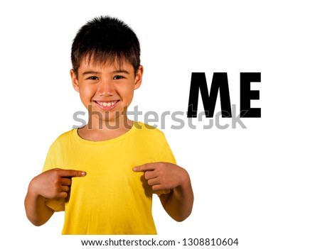 English language learning card with 8 years old child pointing with fingers to himself and the  word ME isolated on white background as part of school cards education set of personal pronouns
