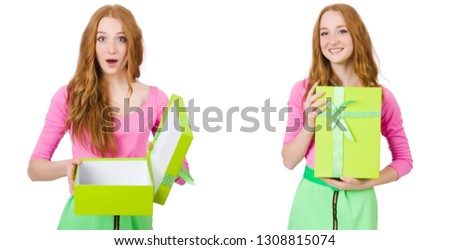 Beautiful woman in green skirt with giftbox