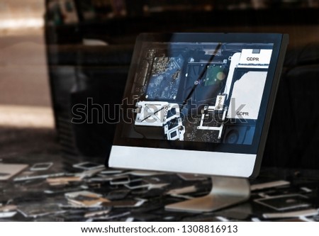 GDPR concept. General rules for data protection, personal data protection. Old computer monitor in the shop window, behind the glass. Data Protection Details Royalty-Free Stock Photo #1308816913
