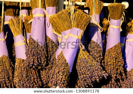 Beautiful lavender bouquet wrapped in purple paper in Tihany , Hungary. Dried lavender flowers