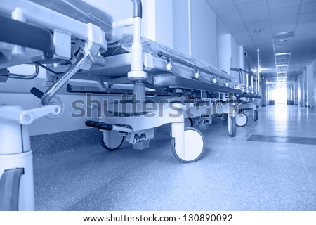 long corridor in hospital with surgical transport. tinted picture