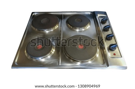 Hob, four electric burners made of metal in the kitchen. Isolated on white background