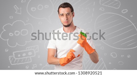 Male housekeeper with and without head with grey doodled wallpaper