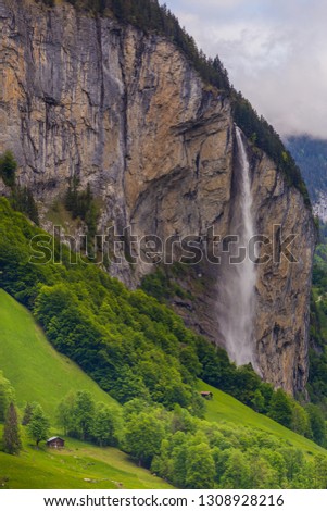 Beautiful Lauterbrunnen  waterfalls in Switzerland in the Bernese Oberland region.