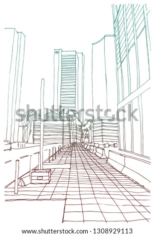 Scene street illustration. Hand drawn ink line sketch European old town Frankfurt , Germany  with buildings, roofs in outline style. Ink drawing of cityscape, perspective view. Travel postcard.