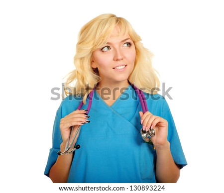 Closeup portrait of a female doctor with stethoscope, isolated on white background