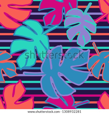 Seamless background with decorative Tropical palm leaves. Monstera. Vector illustration. Can be used for wallpaper, textile, invitation card, wrapping, web page background.
